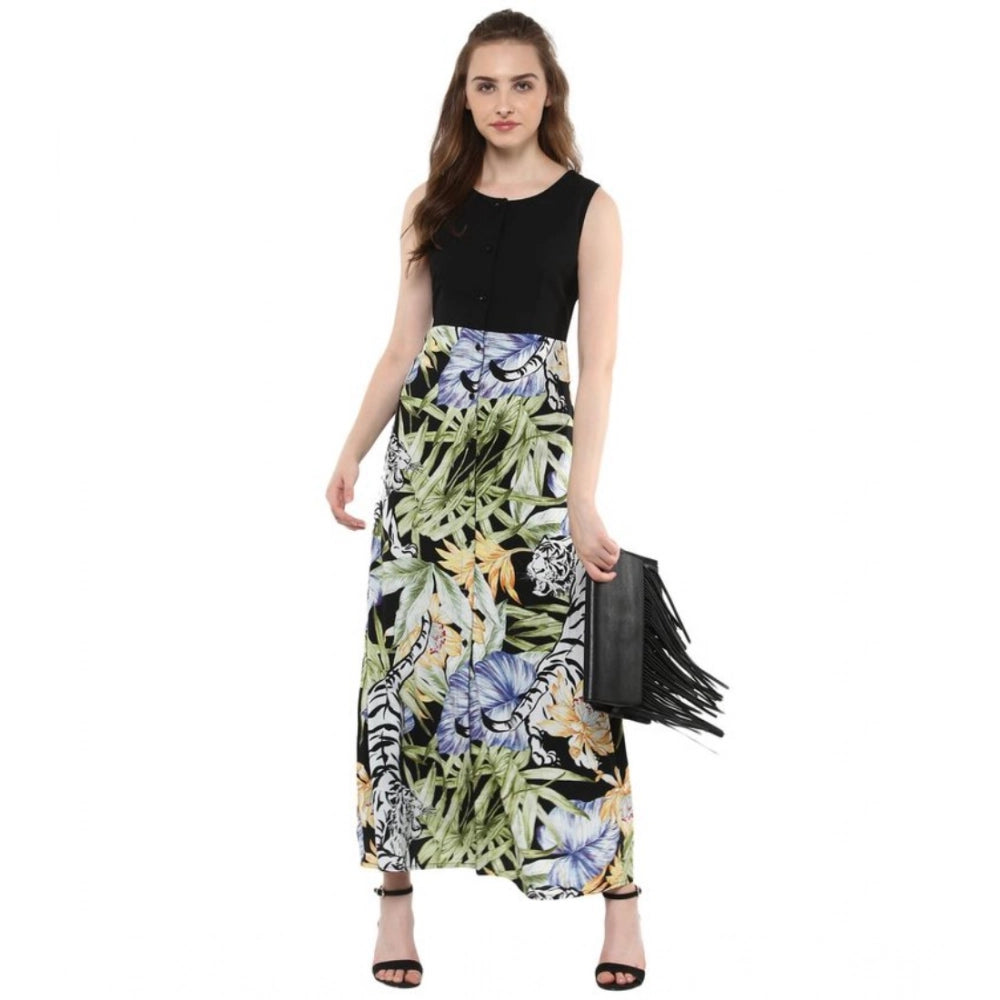 Women's rayon round neck sleeveless floral dress, multicolor