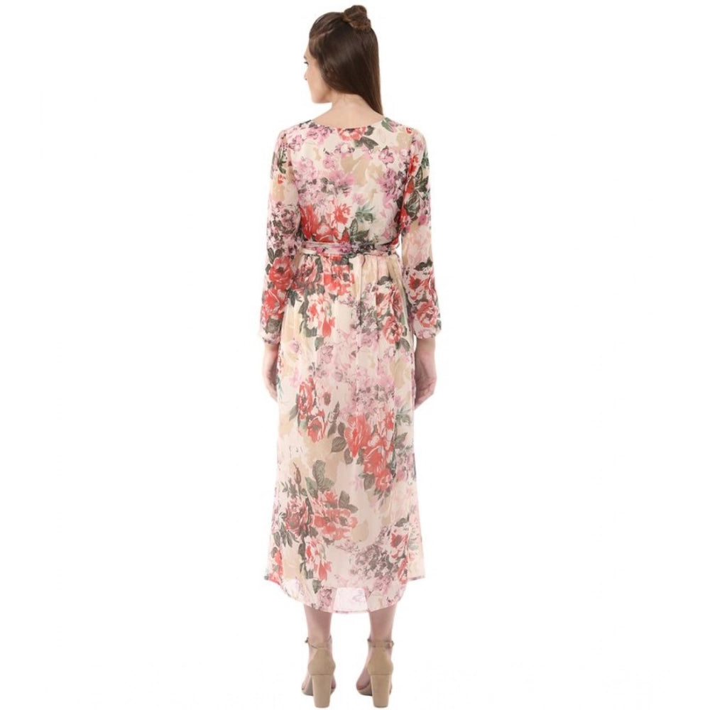 Floral chiffon round neck long sleeves dress