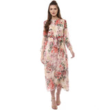 Multicolor chiffon floral round neck long sleeves dress
