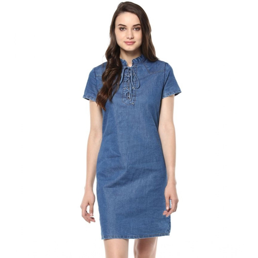Women's denim dress, short sleeve, tie-up neck, solid blue