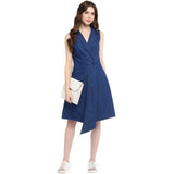 Blue denim sleeveless dress with solid collar