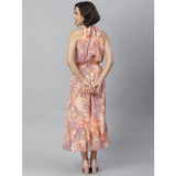 Peach polyester sleeveless maxi halter neck dress