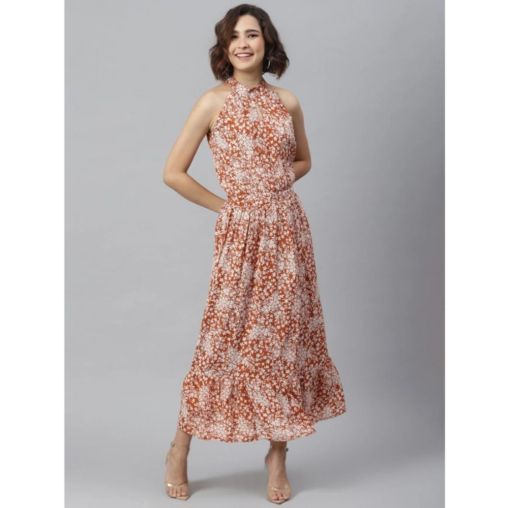 Women's polyester sleeveless halter neck printed dress (rust color)