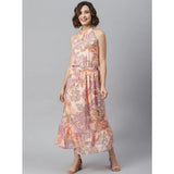 Women's peach sleeveless maxi halter neck dress with polyester material
