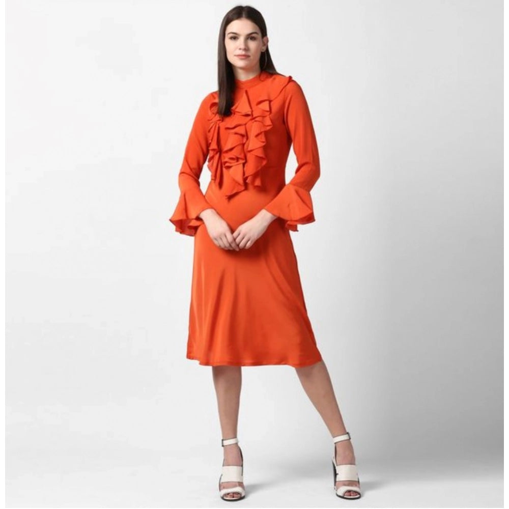 Orange long-sleeve dress with ruffle detail and close neck