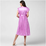 Purple pleated v-neck dress with fluttered hem