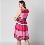 Pink polyester striped dress with close neck and sleeveless design