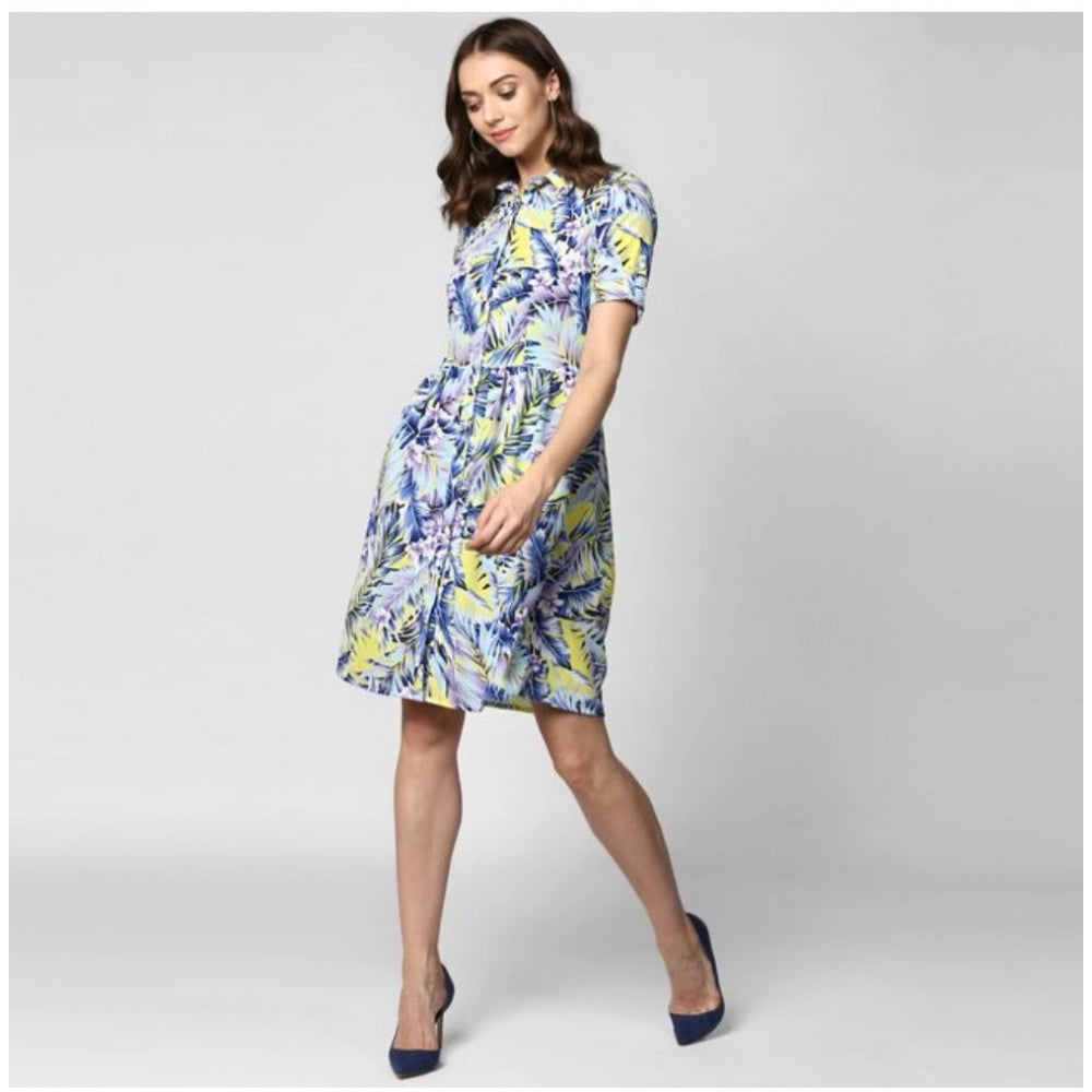 Womens polyester short sleeve dress with floral print and collar in blue and yellow
