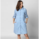 Women's blue denim dress with roll up sleeves