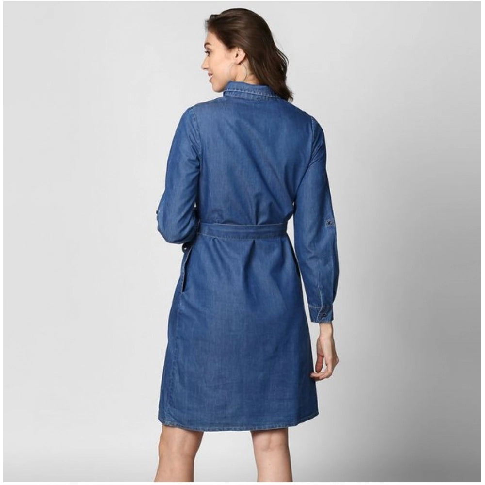 Women's blue denim shirt with roll-up sleeves and collar