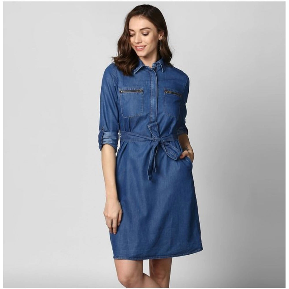 Blue denim dress with roll-up sleeves and a solid collar