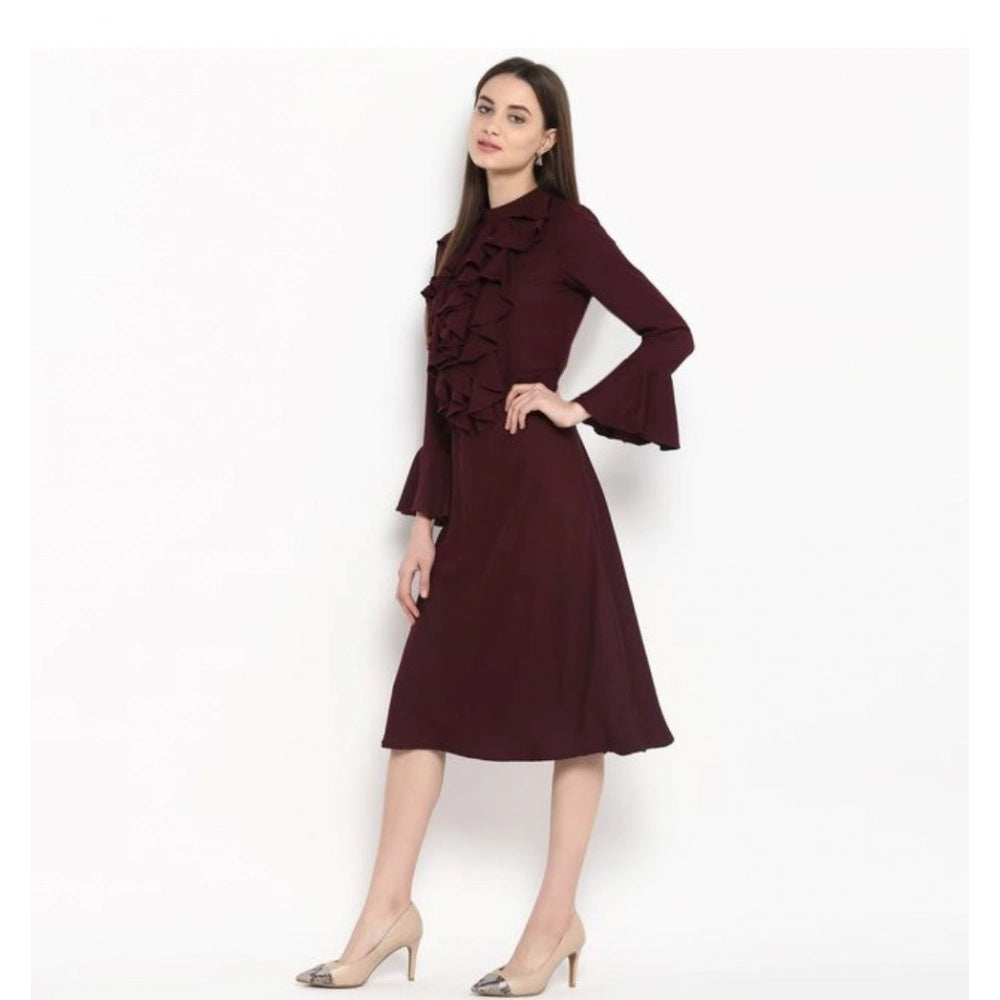 Maroon bell sleeve dress with ruffled neckline