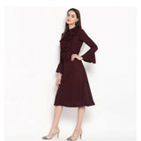 Maroon bell sleeve dress with ruffled neckline