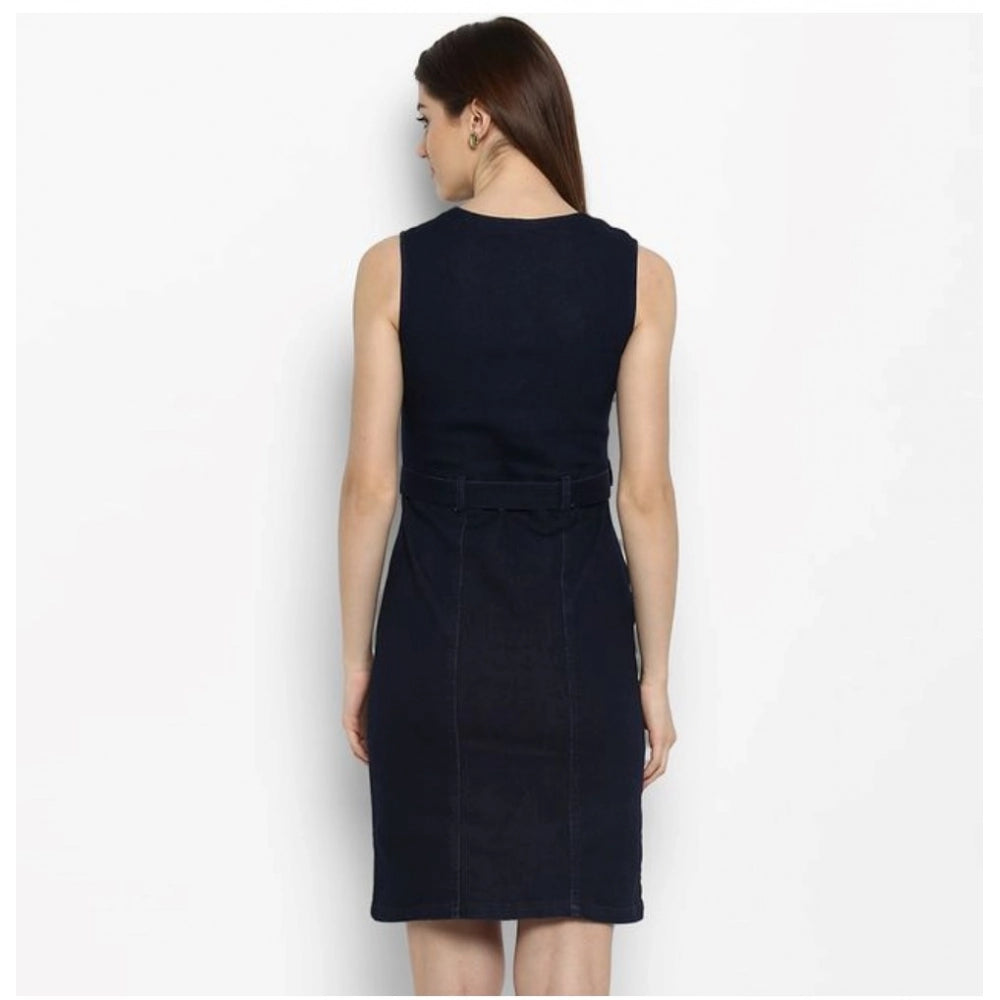 Women's navy blue denim square neck sleeveless dress
