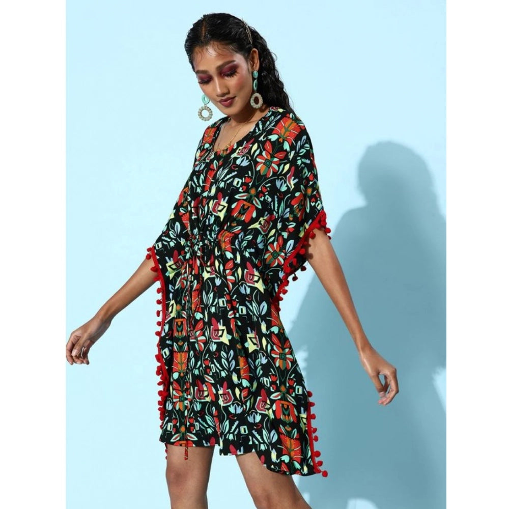 Women's round neck sleeveless kaftan dress with vibrant moss print, polyester material