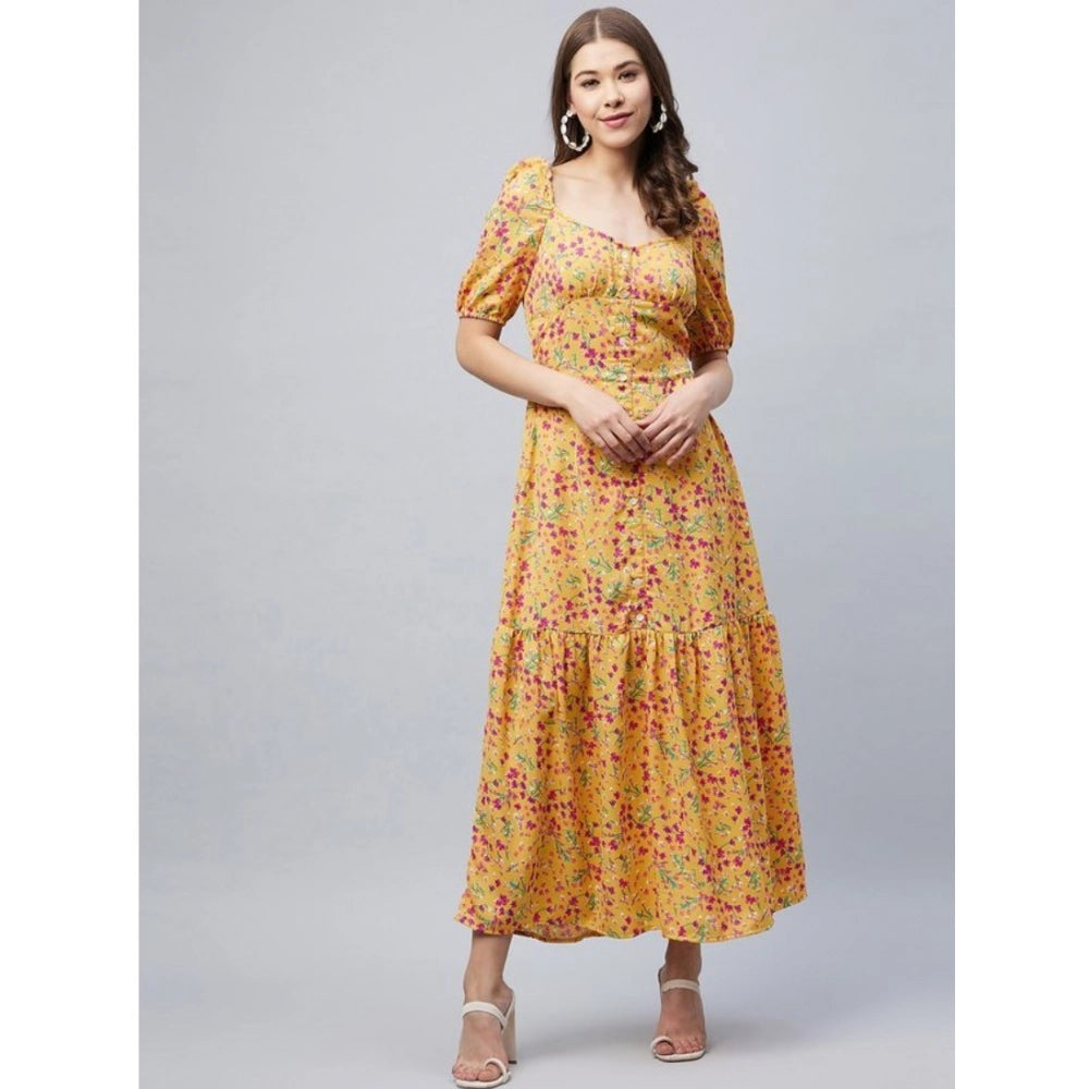 Pink, polyester women's half sleeve square neck dress