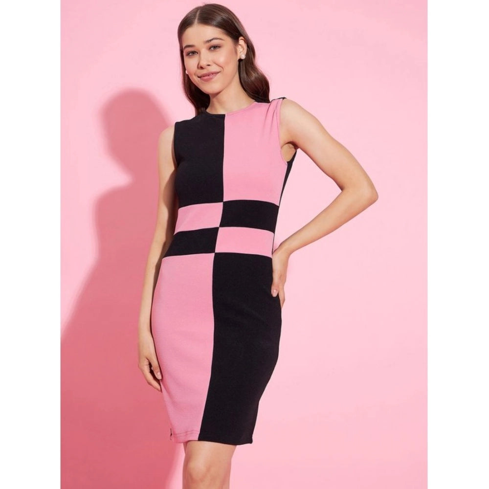 Pink and black dress with round neckline and no sleeves