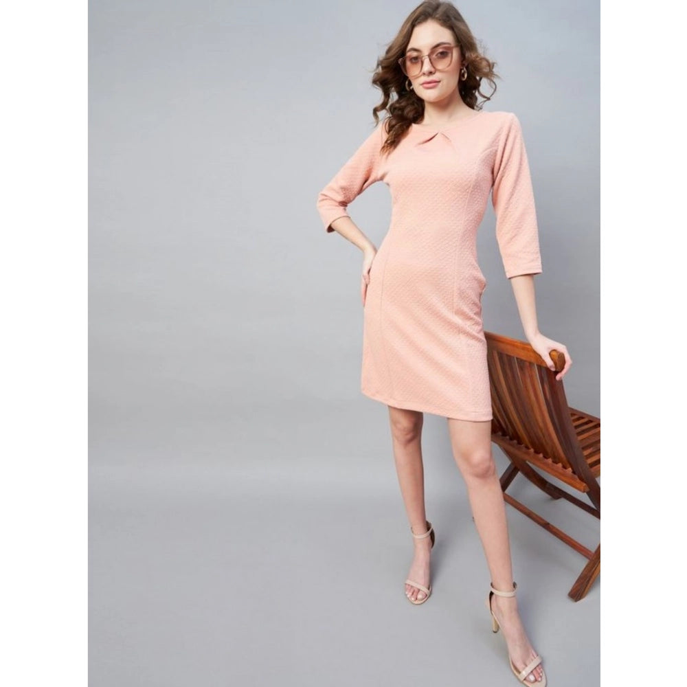 Pink polyester jacquard round neck 3/4 sleeve women's dress