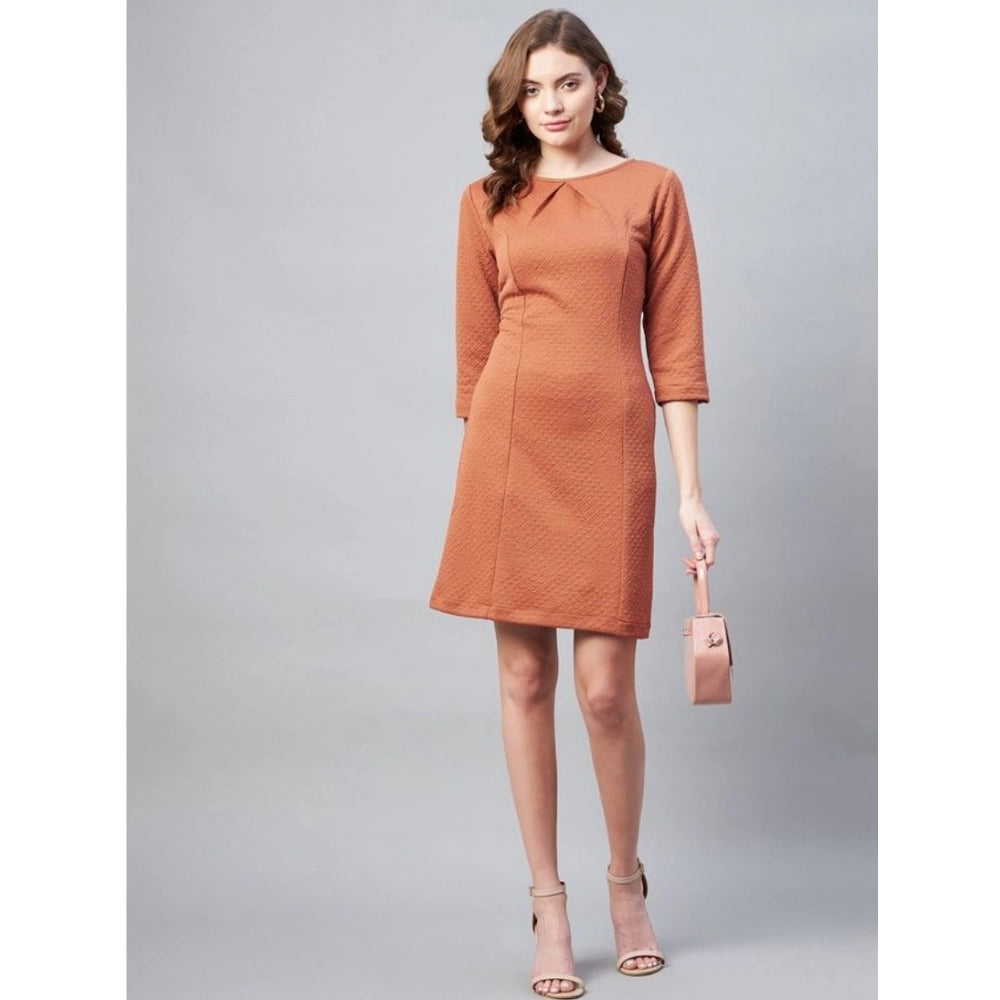 Rust polyester round neck women's dress with jacquard self design 3/4th sleeves, knee length