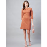 Rust polyester round neck women's dress with jacquard self design 3/4th sleeves, knee length