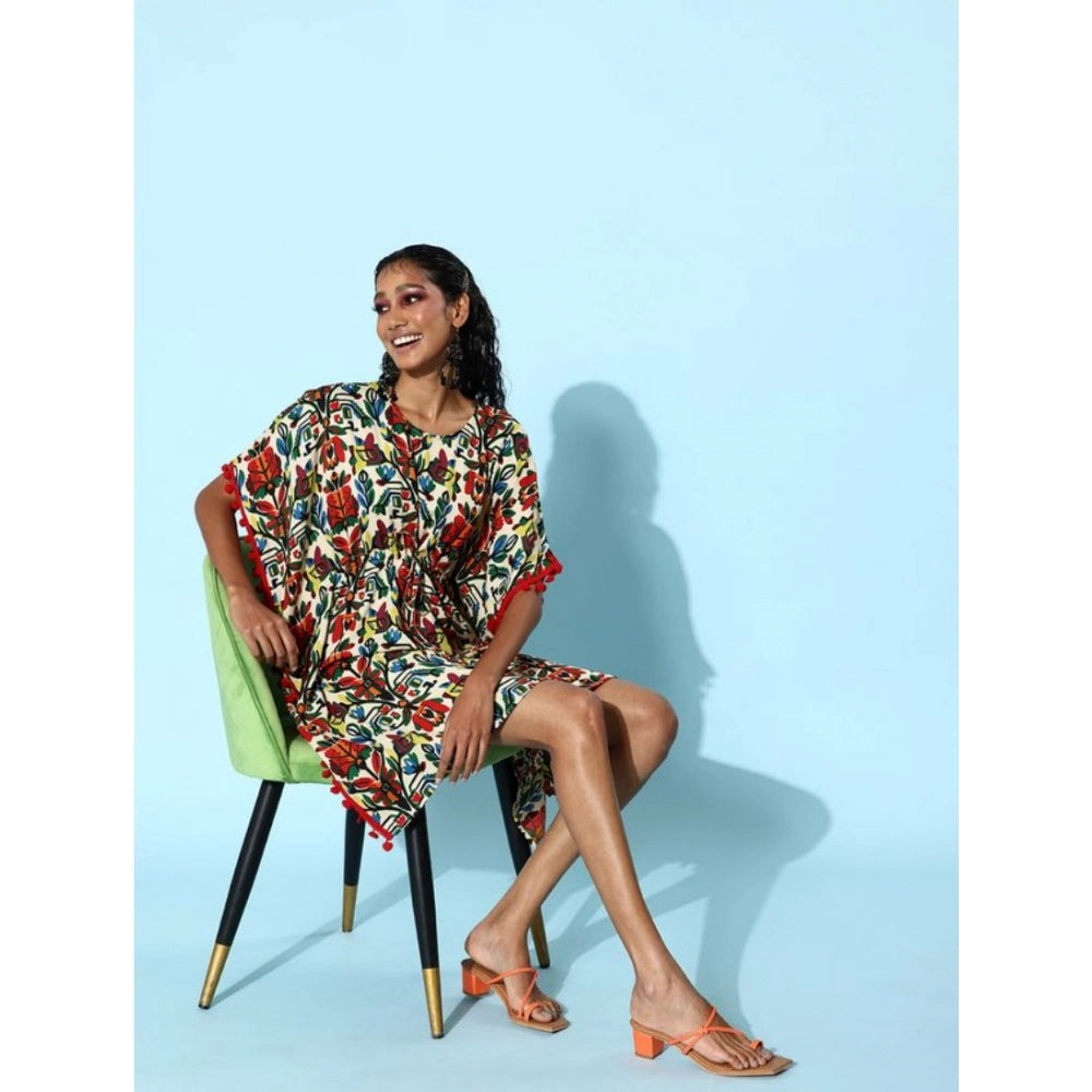 Women's round neck kaftan dress with moss print in polyester fabric