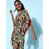 Women's round neck kaftan dress, polyester moss print, sleeveless