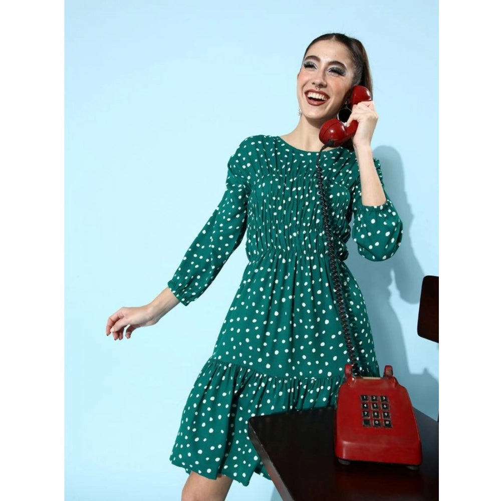 Green polyester women's round neck dress with 3/4th sleeves