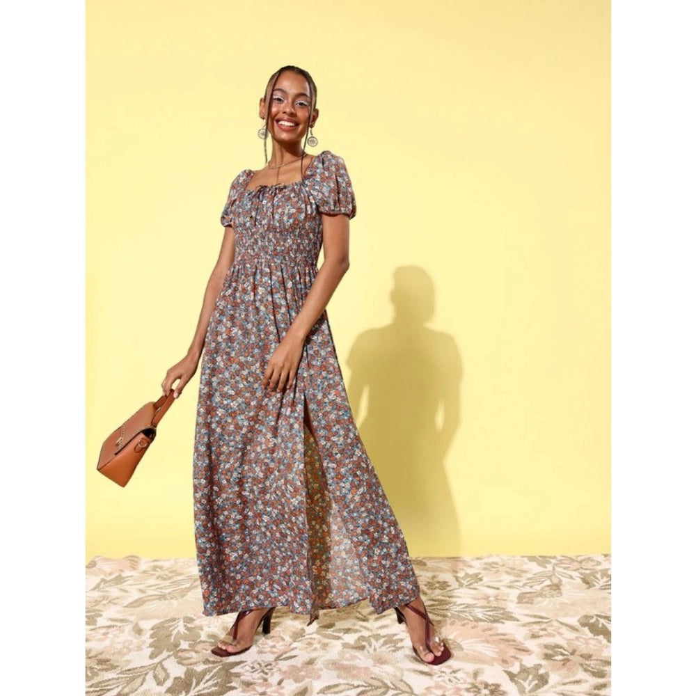 Woman in moss floral dress