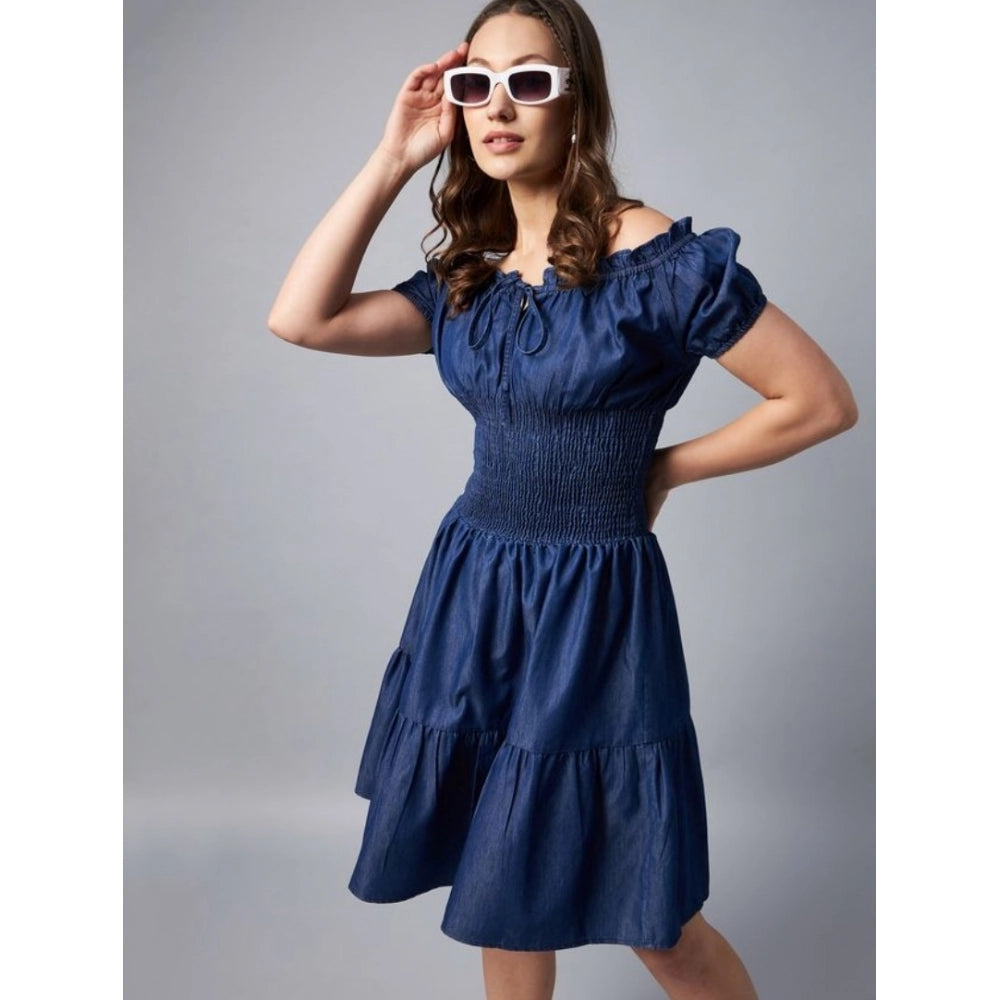Women's blue denim off-shoulder short sleeve dress