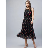 Black chiffon floral sleeveless square neck dress