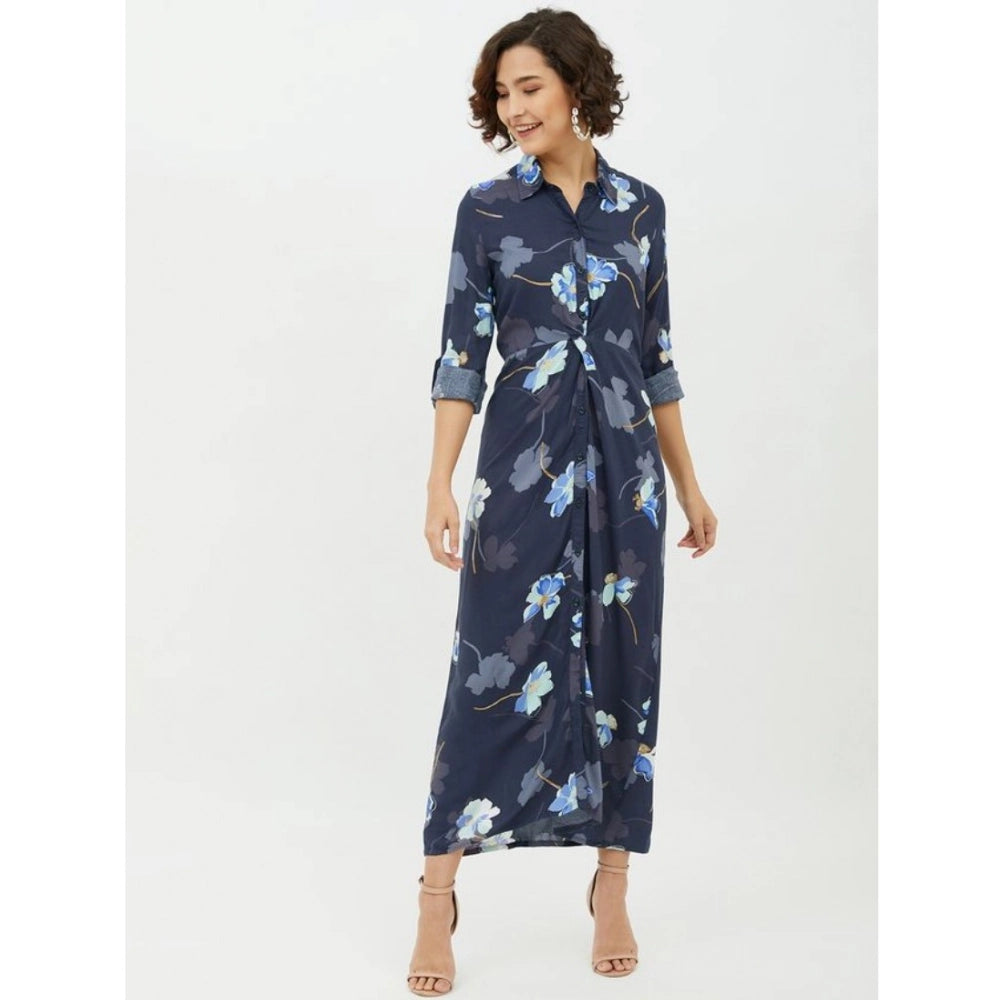 Women's rayon floral collar neck long sleeves dress blue