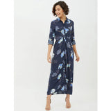 Women's rayon floral collar neck long sleeves dress blue
