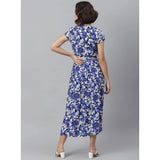 Purple and white floral polyester women's v-neck short sleeve dress