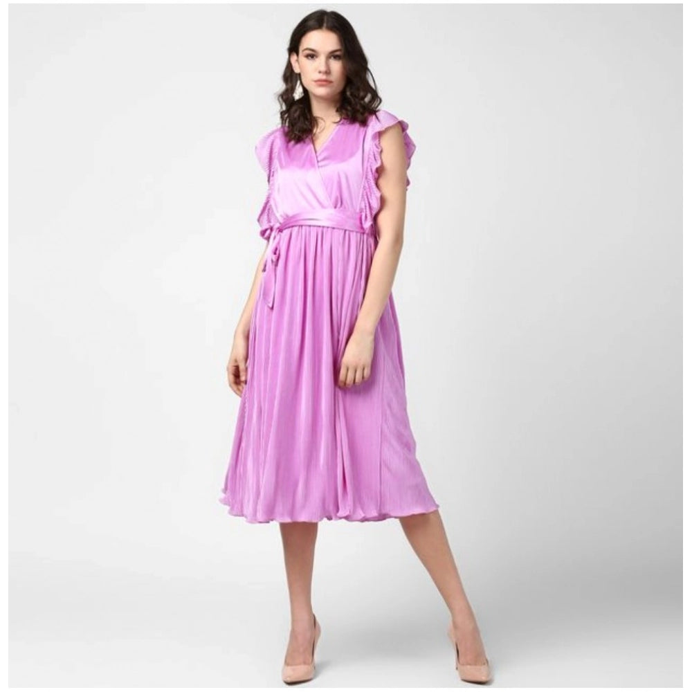 Lavender pleated polyester women's V-neck flutter dress