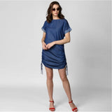 Denim dress, blue fabric, short sleeves, crew neck, no visible closure or size detail