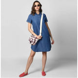 Blue denim dress with short sleeves and a collar, women's casual wear