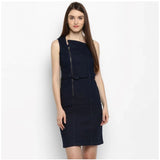 Women's blue denim solid square neck sleeveless dress