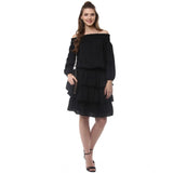 Black off-shoulder long sleeve dress with ruffle trim