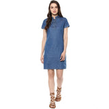 Women's denim short sleeve dress blue tie up neck