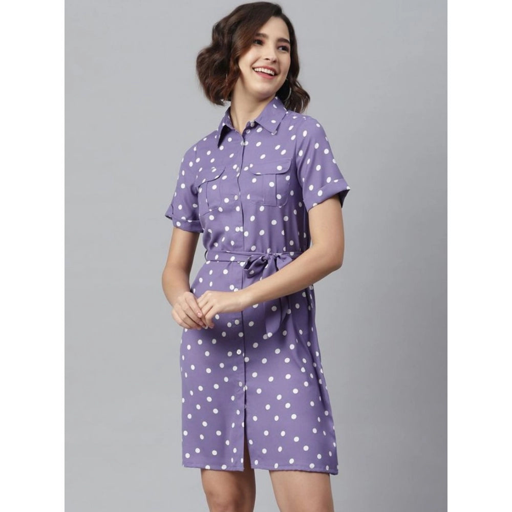 Women's short sleeve polyester polka dot dress in lavender