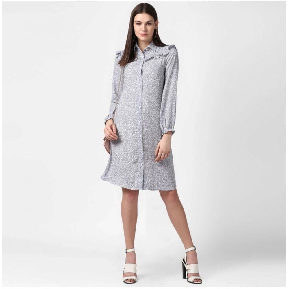 Women's blue polyester long sleeve dress with floral collar