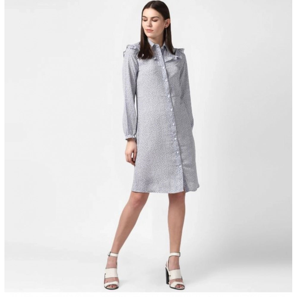 Women's blue floral polyester long sleeve dress with collar