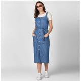 Women's blue denim jumpsuit with round neck and no sleeves
