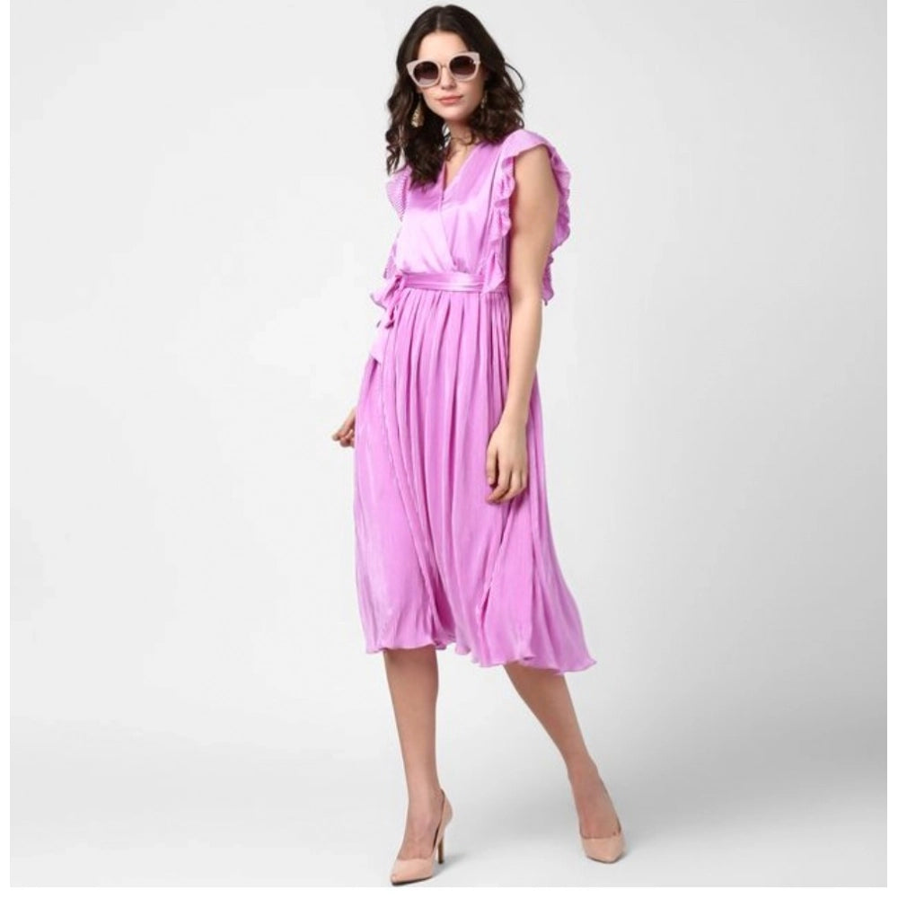 Lavender pleated polyester v-neck dress