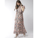Women's polyester floral round neck flutter dress, multicolor