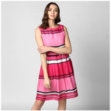 Pink polyester close neck sleeveless dress with stripes