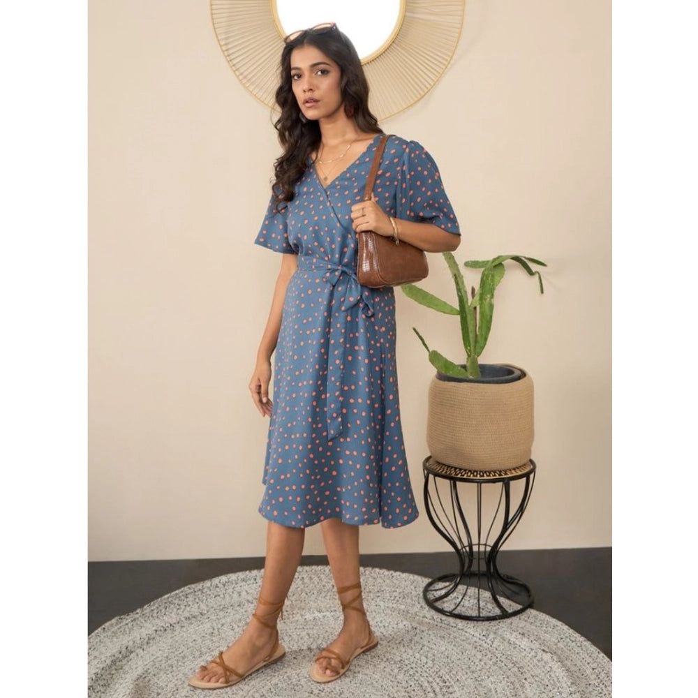 Grey polyester women's V-neck dress with bell sleeves