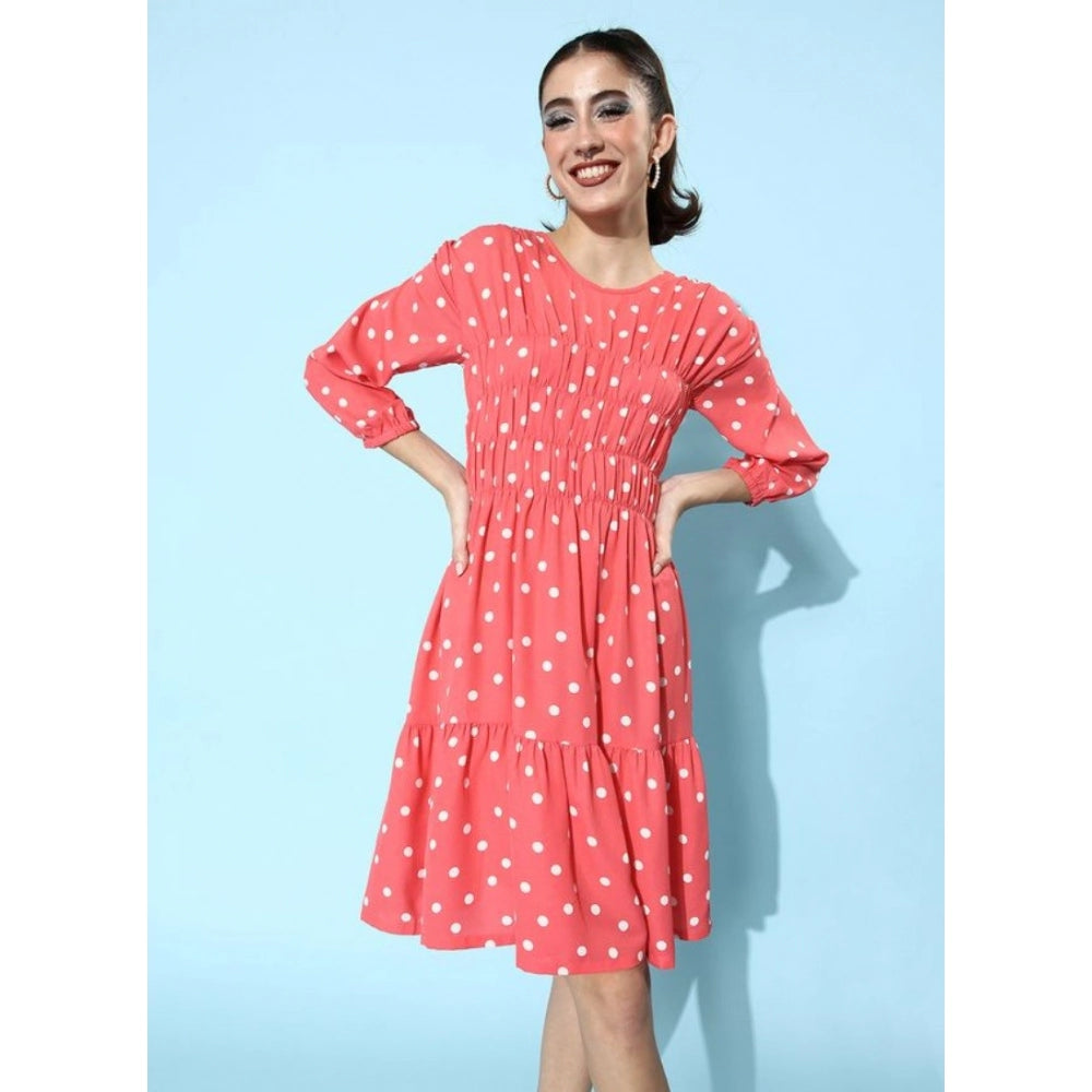 Pink polyester round neck women's dress with 3/4 sleeves