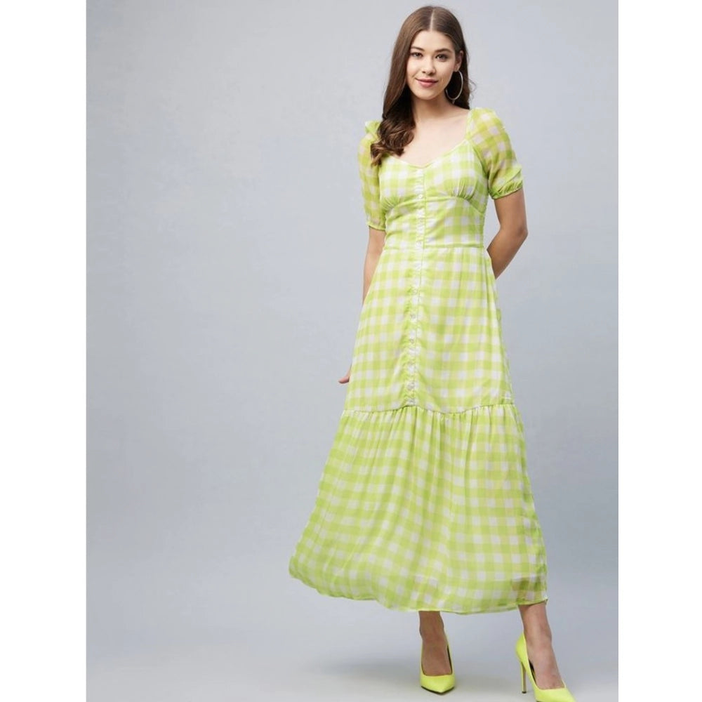 Lime green polyester-cotton blend checkered square neck half sleeve dress