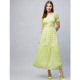 Lime green polyester-cotton blend checkered square neck half sleeve dress